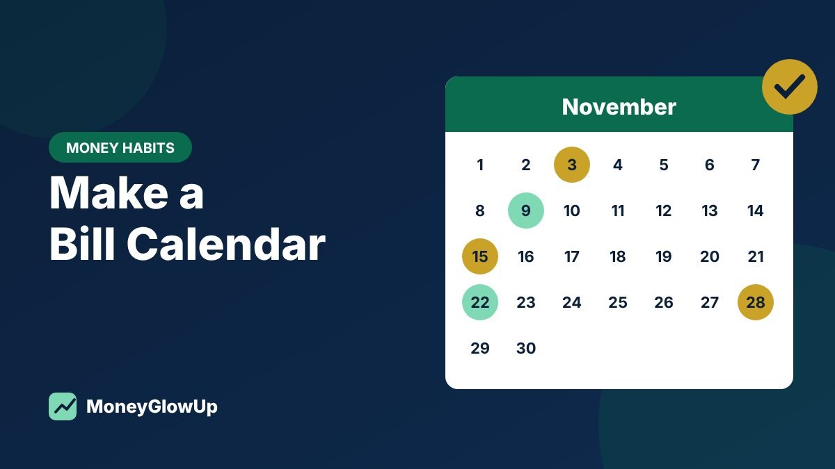 Illustrated November calendar with bill due dates circled in green and gold