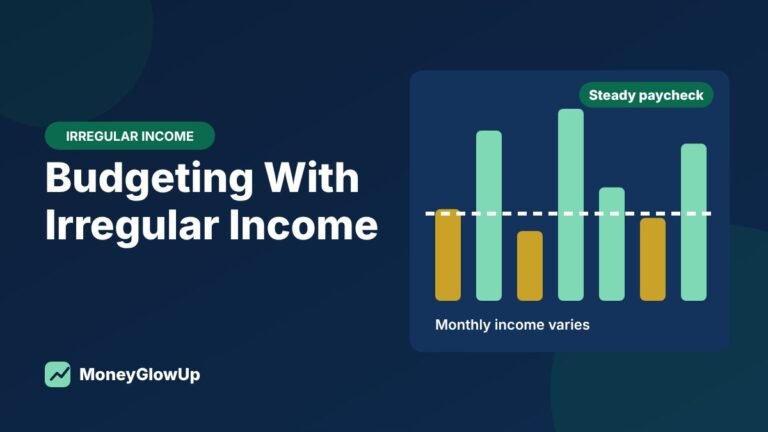 Bar chart of monthly income that rises and falls, with a dashed line showing a steady paycheck amount