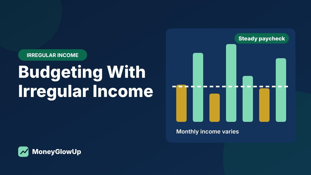 Bar chart of monthly income that rises and falls, with a dashed line showing a steady paycheck amount