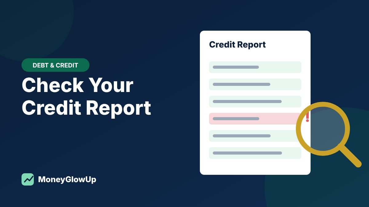 Illustrated credit report with one line flagged in red and a magnifying glass inspecting it