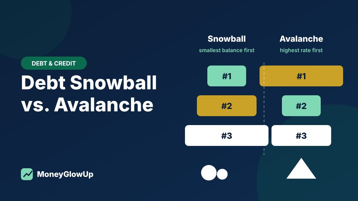Side-by-side illustration of debts ordered by smallest balance for snowball and by highest rate for avalanche