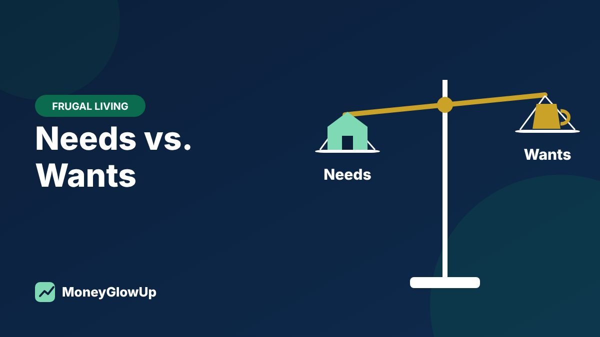 Balance scale illustration weighing a house labeled Needs against a coffee cup labeled Wants