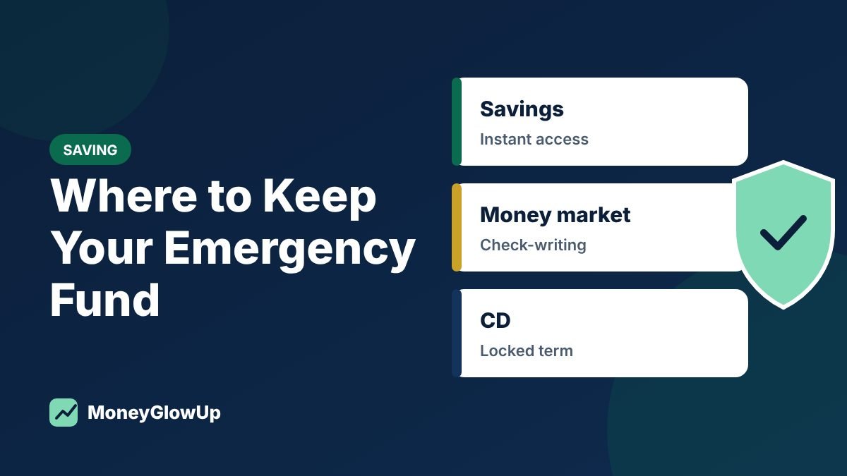 Three illustrated account cards for savings, money market and CD options beside a green security shield